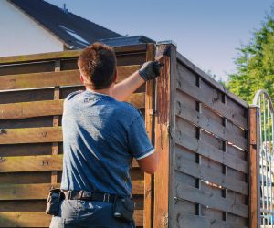 Man with artificial heart strokes a wood fence in the garden.