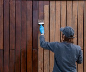 Handy woman improving house hardwood cladding with wood stain application. Do it yourself concept.